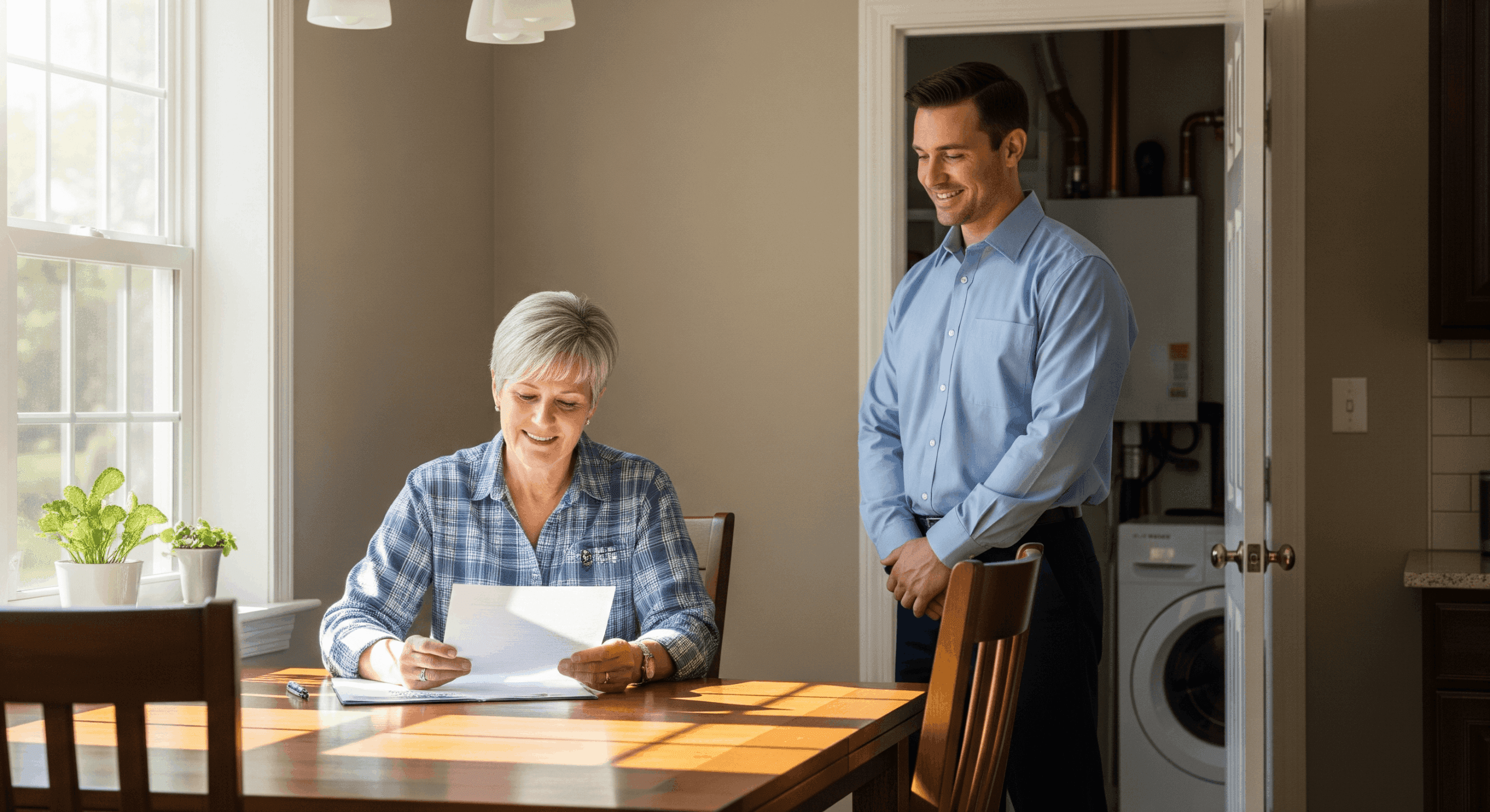 Homeowner reviewing HVAC financing paperwork after a denial