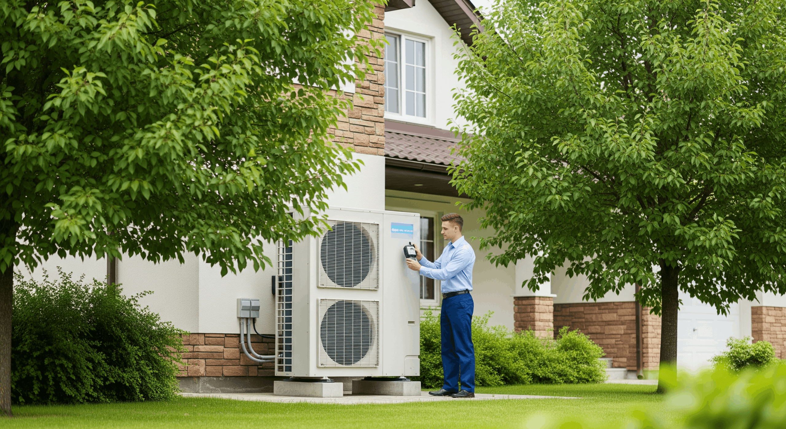 Technician inspecting outdoor heat pump system in Grass Valley
