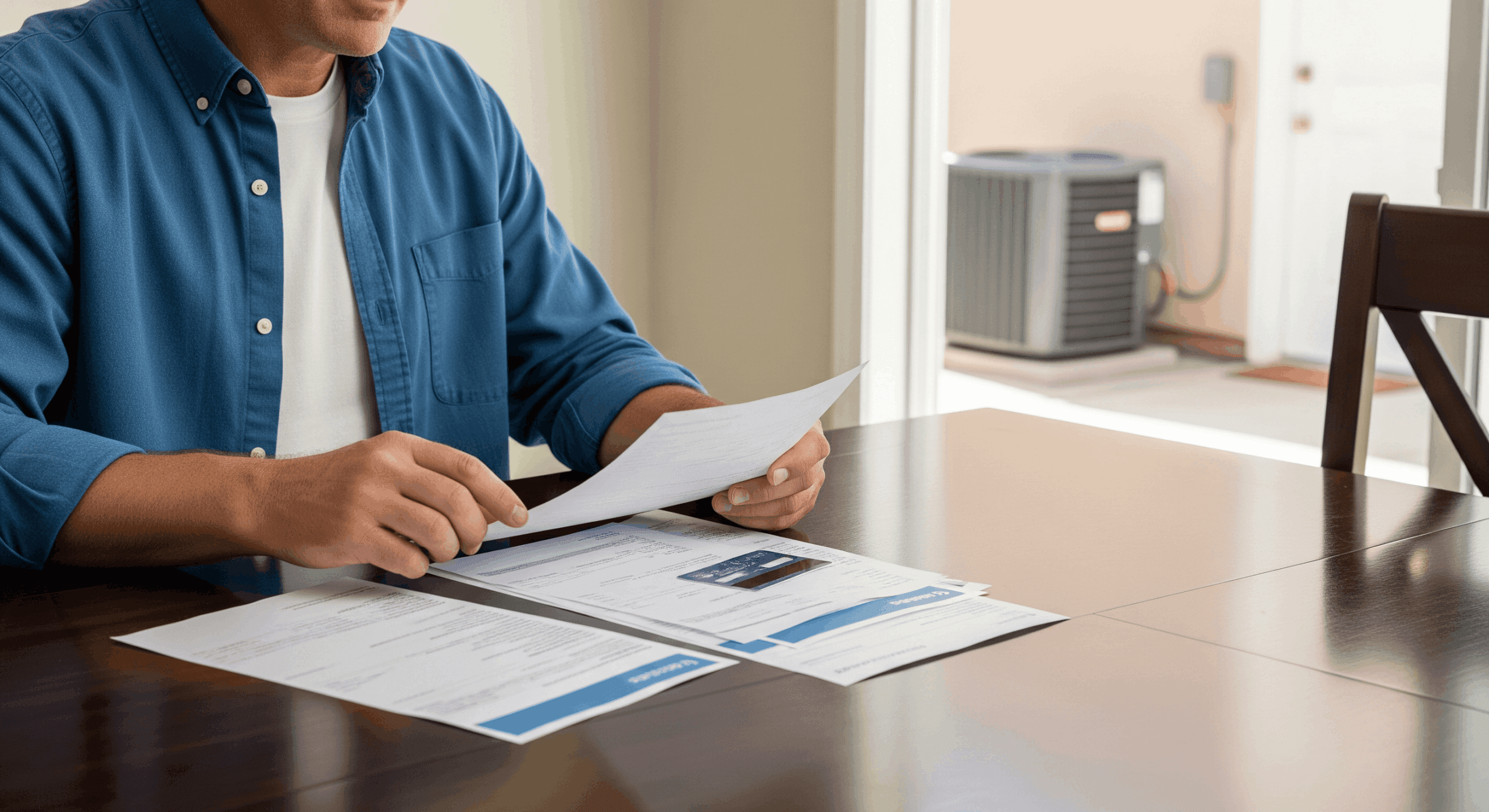 Homeowner comparing HVAC cost documents at kitchen table