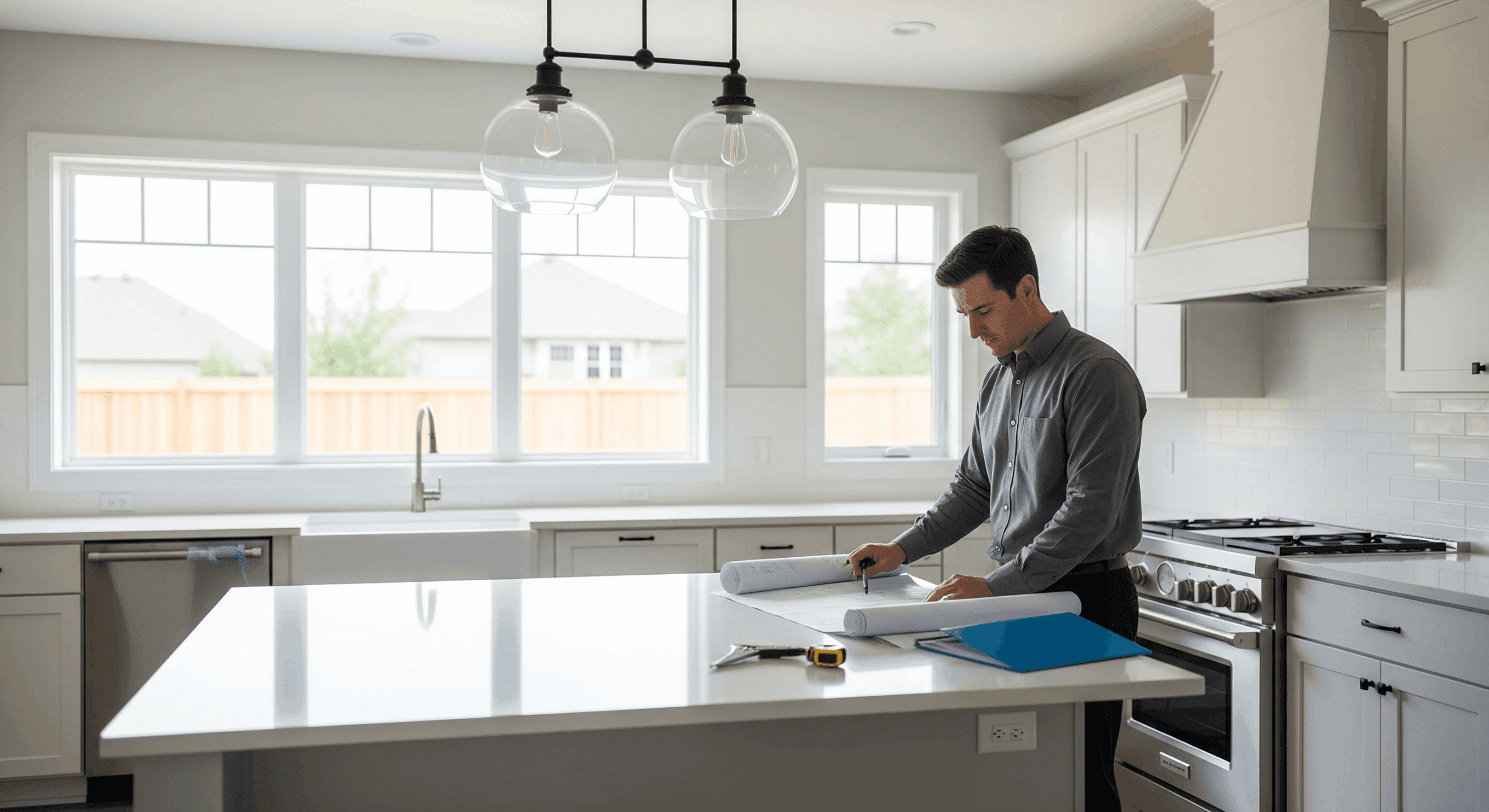 HVAC professional reviewing load calculation plans in remodeled home