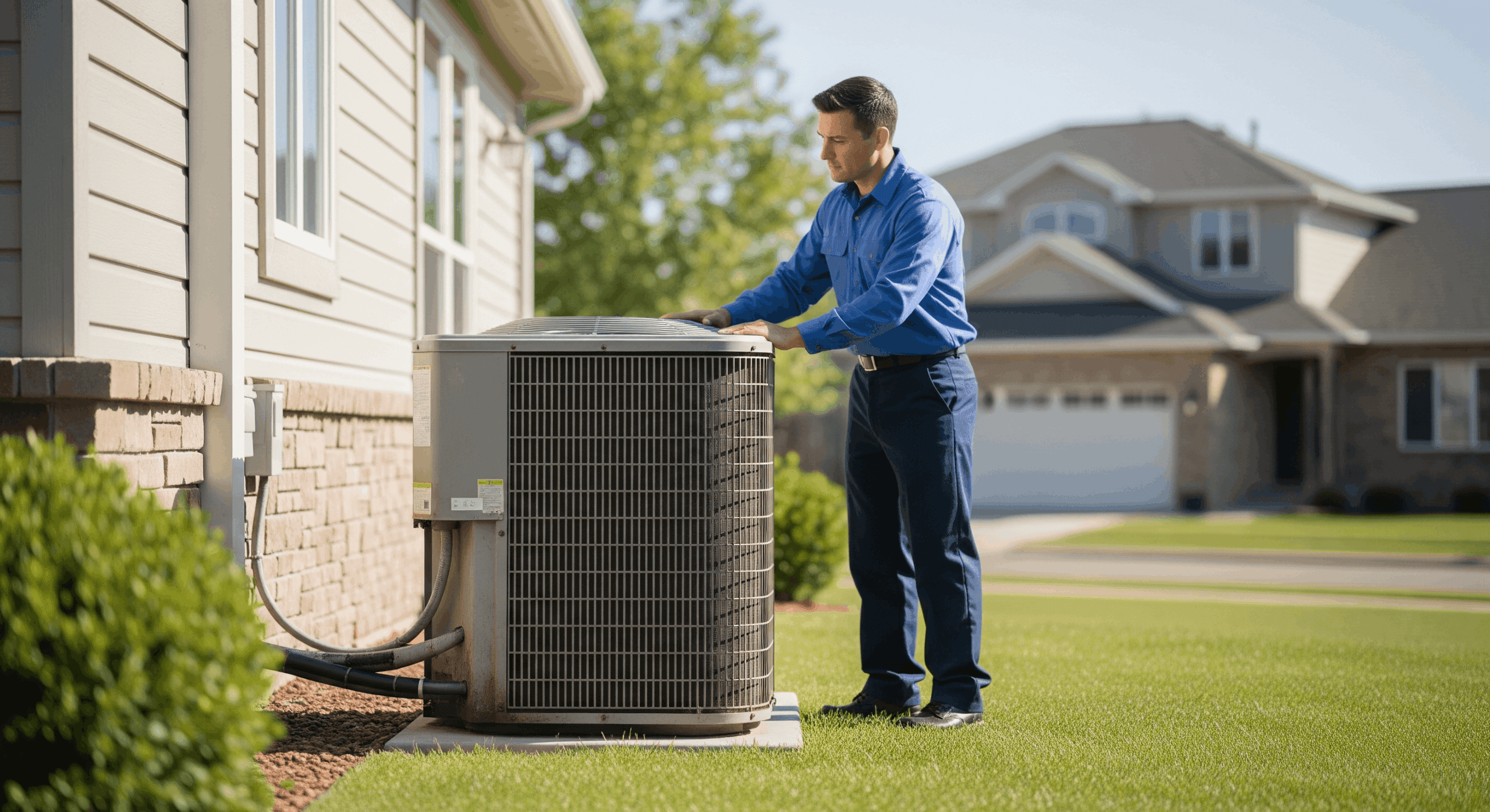 HVAC technician inspecting aging air conditioning unit