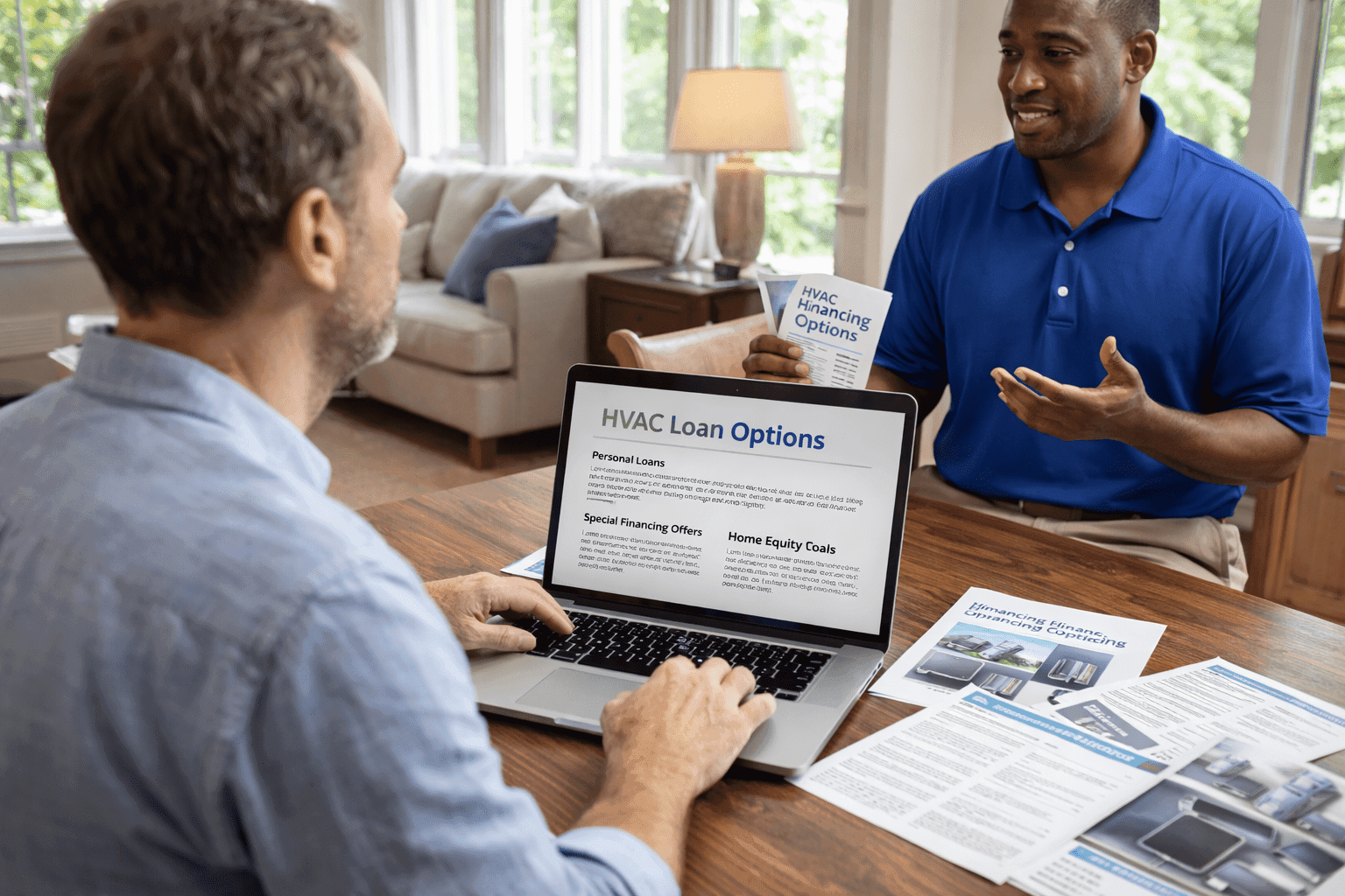 HVAC technician presenting best HVAC loans and financing options to homeowner