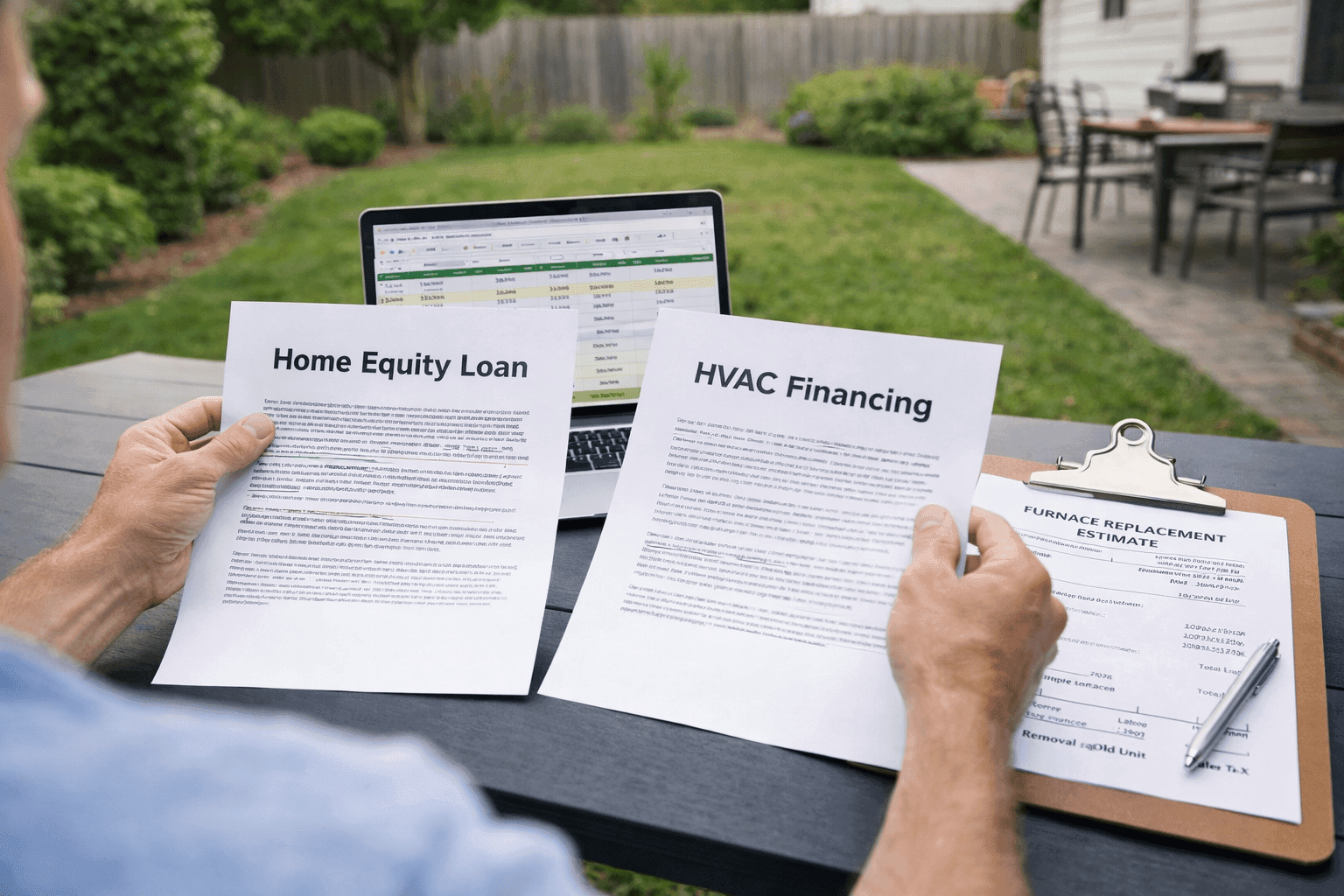 Homeowner comparing HELOC vs HVAC financing documents for furnace replacement