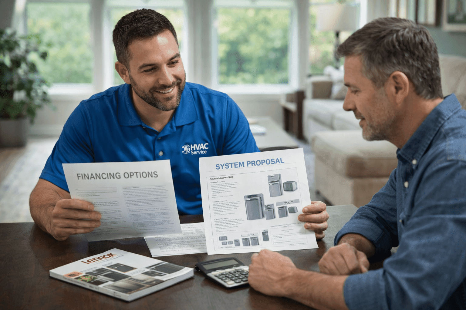 HVAC contractor reviewing financing options paperwork with homeowner