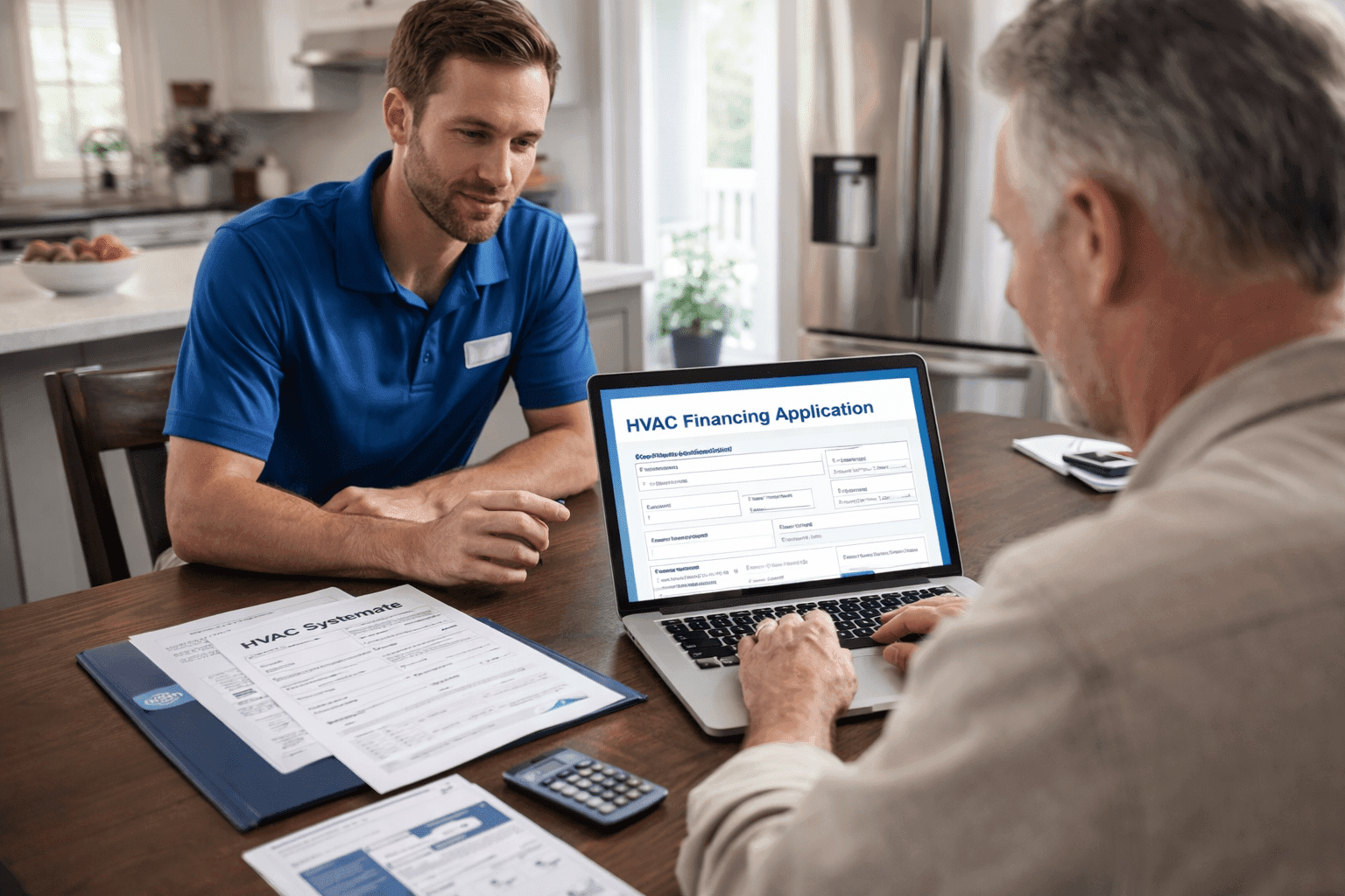 Homeowner completing HVAC financing approval application with contractor assistance
