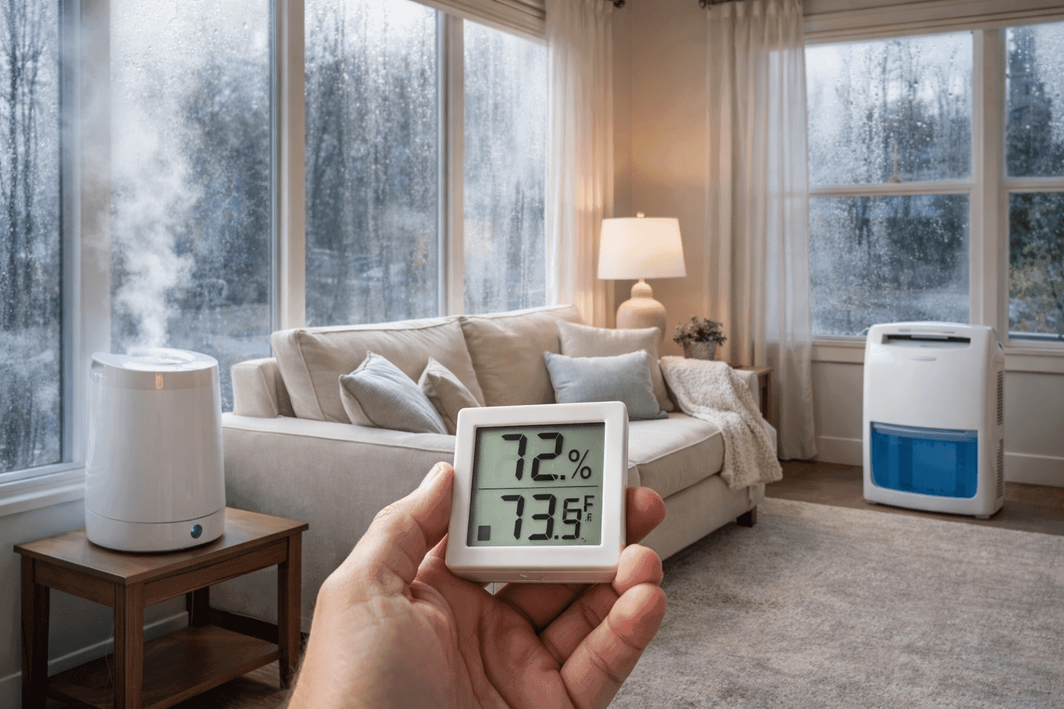 Indoor humidity monitor showing high humidity with humidifier and dehumidifier in living room