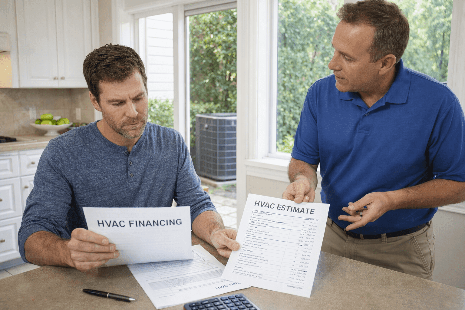 Homeowner reviewing HVAC financing documents with contractor while discussing costs for a new HVAC system