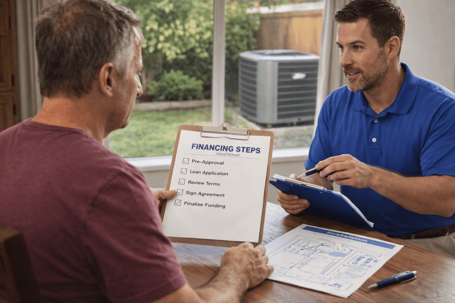 Contractor explaining steps to finance an HVAC system using checklist