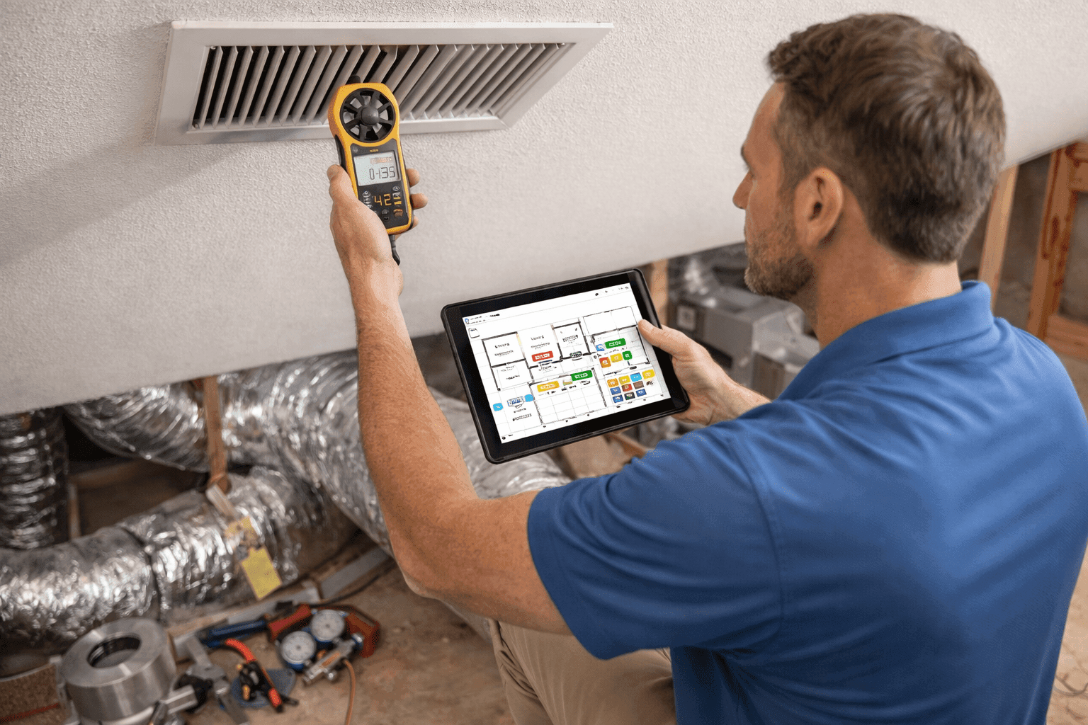 HVAC technician measuring airflow while reviewing Manual J S T and D calculations on tablet
