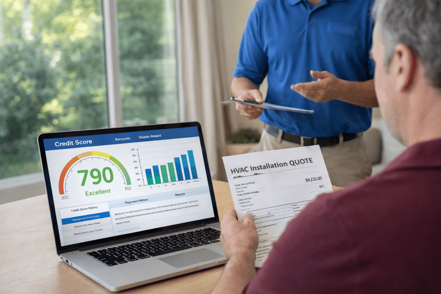 Laptop showing credit score for HVAC system financing during consultation