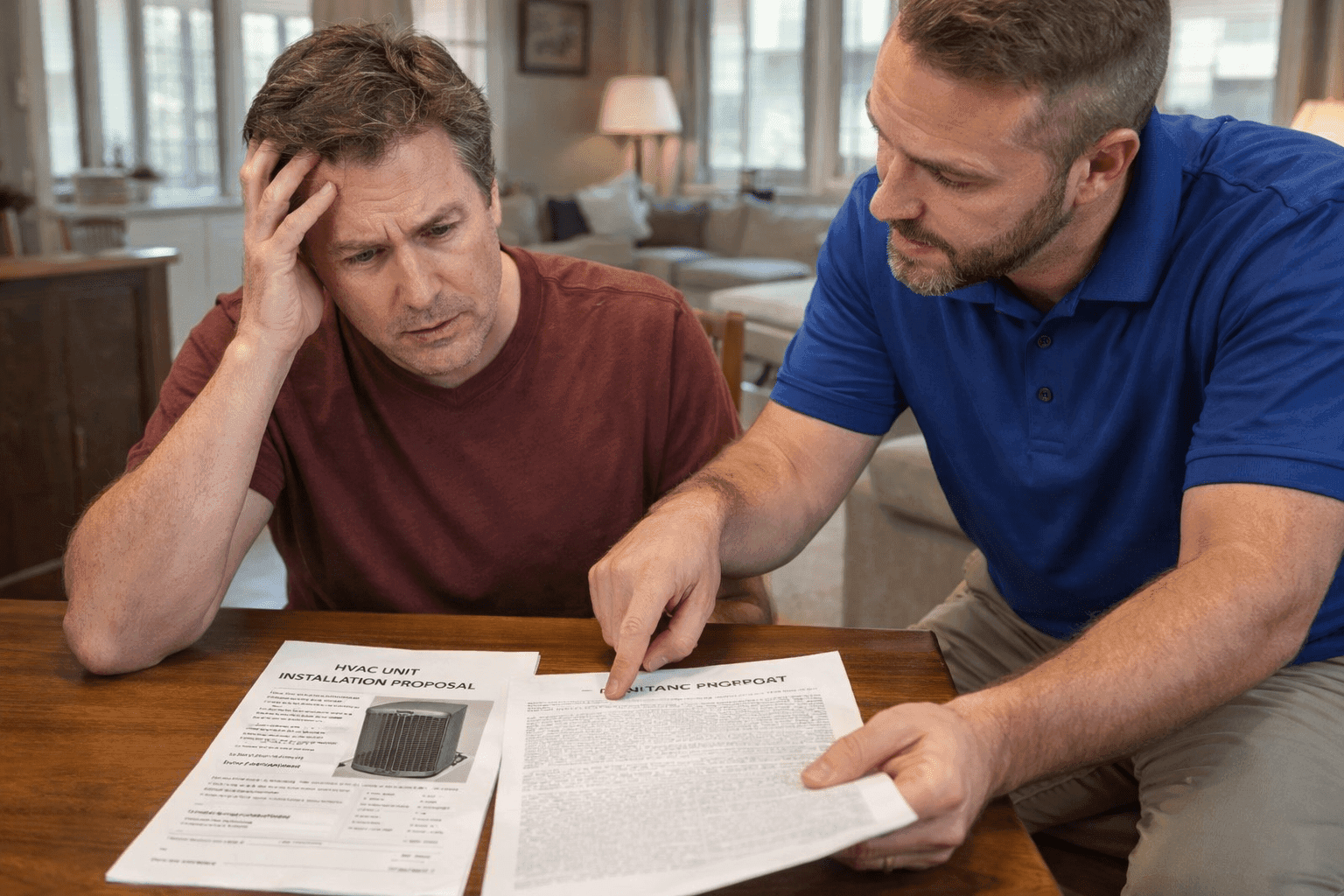Contractor explaining no interest HVAC financing terms to concerned homeowner